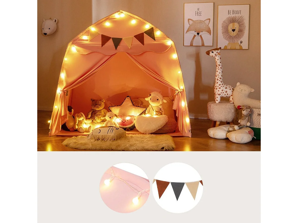 Tenda da gioco per bambini portatile e lavabile in lavatrice, Tenda da letto con bandiere e luci a globo Rosa