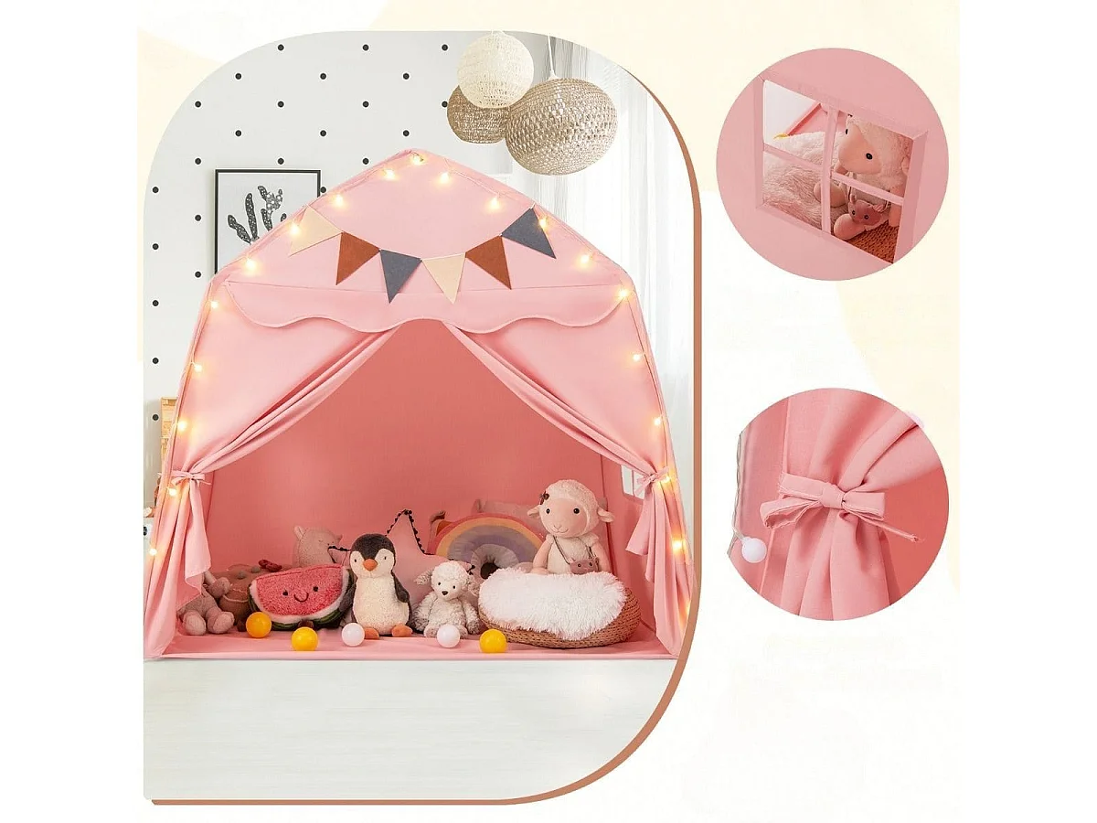 Tente de Jeu pour Enfants de 3 à 12 Ans Tente de Lit pour Tout-Petits avec Drapeaux et Guirlandes Lumineuses Lavable en Machine Rose
