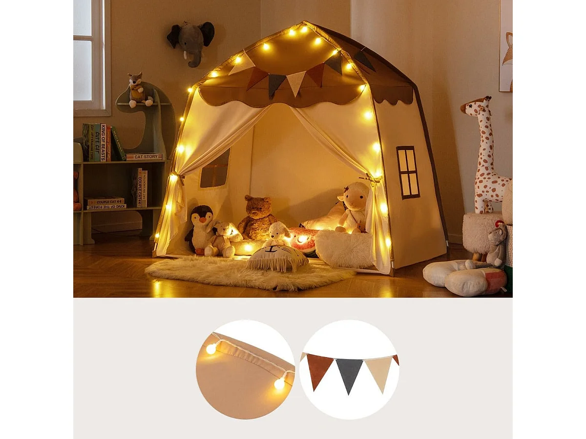 Tenda da gioco per bambini portatile e lavabile in lavatrice, Tenda da letto con bandiere e luci a globo Marrone