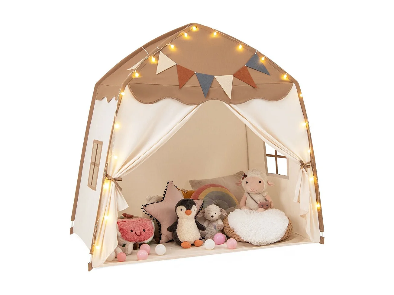 Tenda da gioco per bambini portatile e lavabile in lavatrice, Tenda da letto con bandiere e luci a globo Marrone