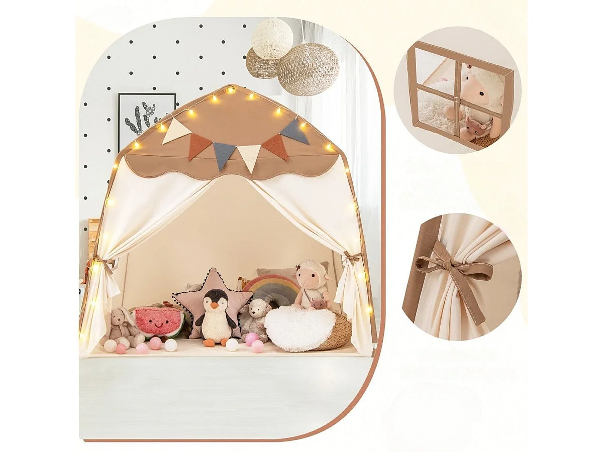 Tenda da gioco per bambini portatile e lavabile in lavatrice, Tenda da letto con bandiere e luci a globo Marrone
