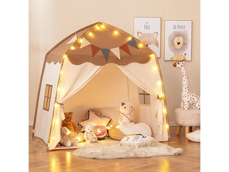 Tente de Jeu pour Enfants de 3 à 12 Ans Tente de Lit pour Tout-Petits avec Drapeaux et Guirlandes Lumineuses Lavable en Machine Café