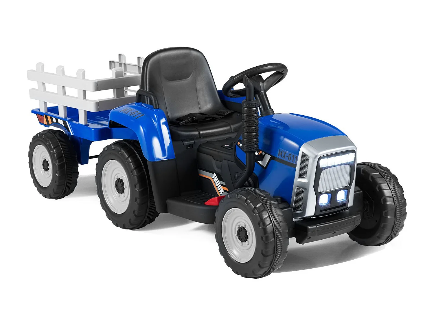 Trattore a 3 velocità da 12 V con rimorchio staccabile e telecomando da 2,4 G per bambini con trattore blu