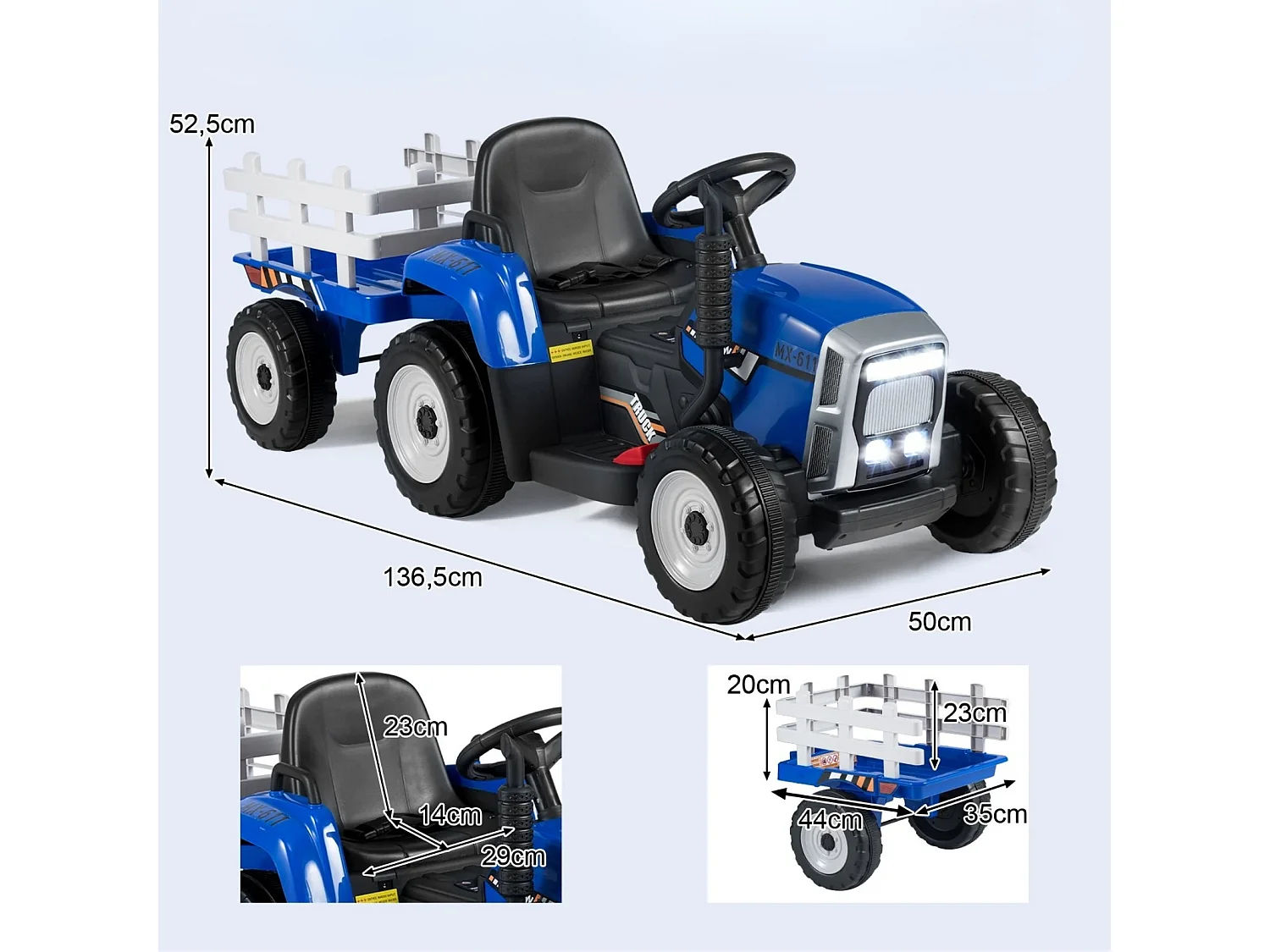 Trattore a 3 velocità da 12 V con rimorchio staccabile e telecomando da 2,4 G per bambini con trattore blu