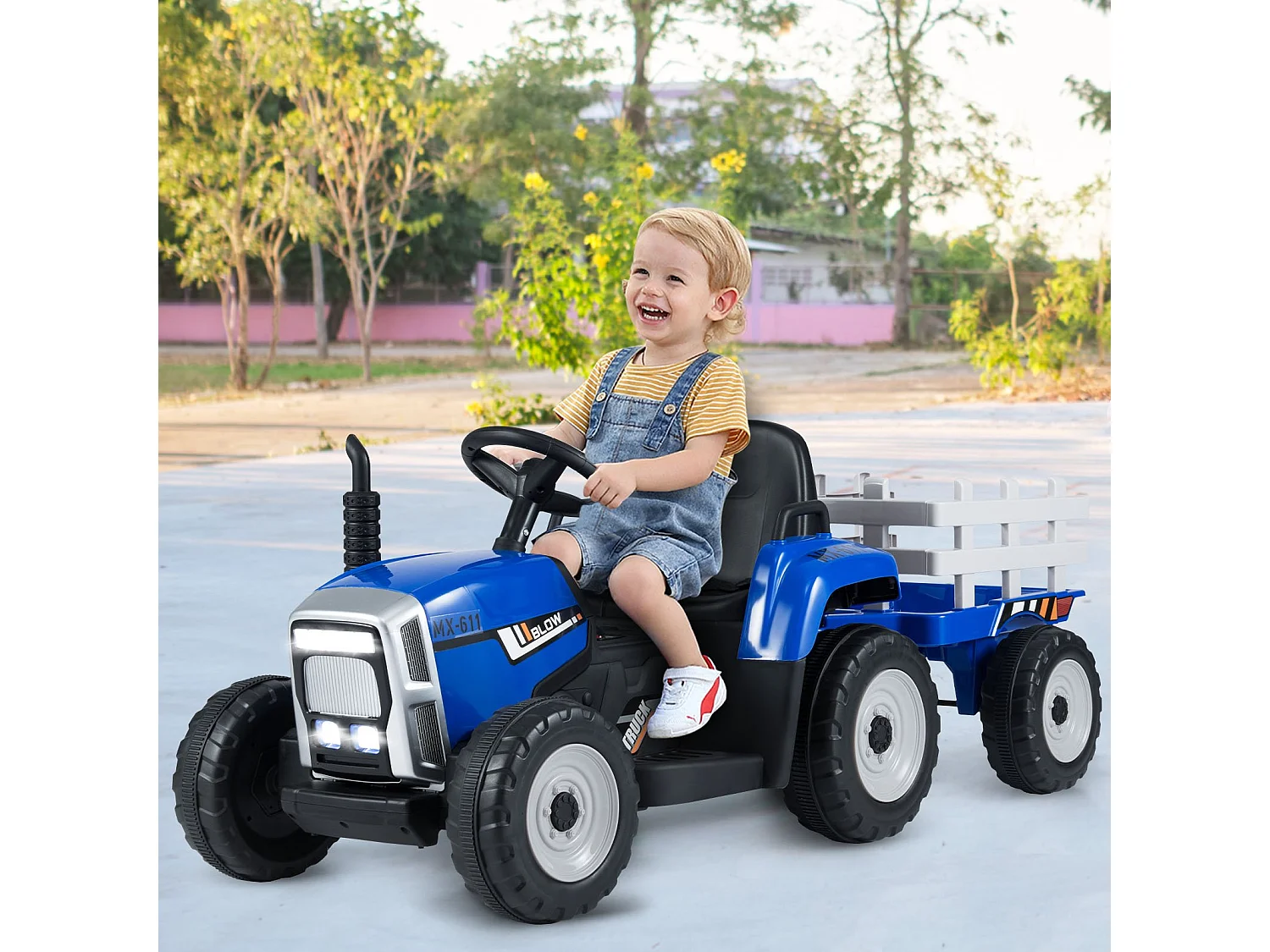 Trattore a 3 velocità da 12 V con rimorchio staccabile e telecomando da 2,4 G per bambini con trattore blu