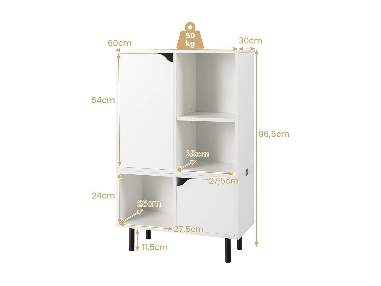 Libreria impilabile con ripiano regolabile e cubi, Libreria da pavimento espositiva con gambe metalliche Bianco