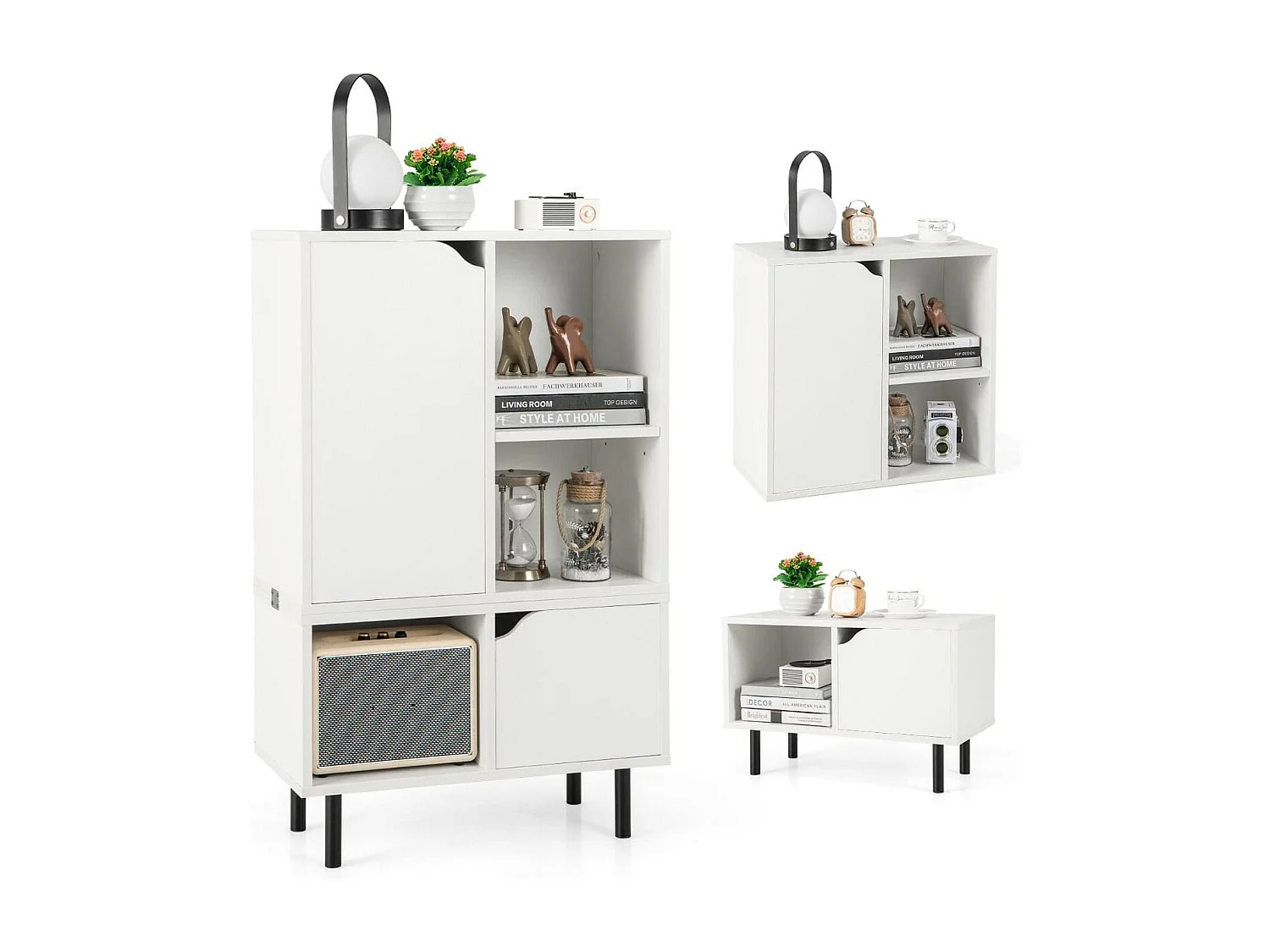 Libreria impilabile con ripiano regolabile e cubi, Libreria da pavimento espositiva con gambe metalliche Bianco