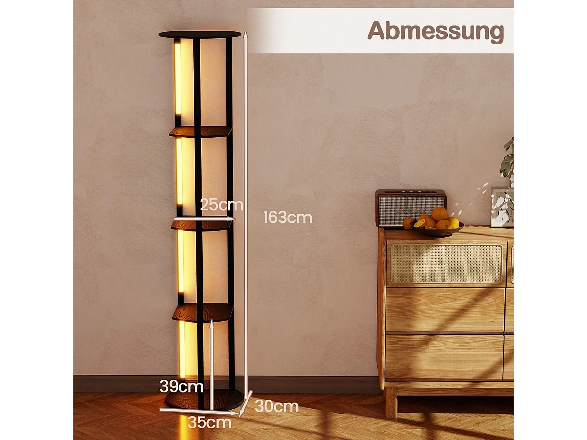 Stehlampe mit Regalen & 4 Drehbaren LED-Streifen & Fußschalter Stehleuchte Ablageregal