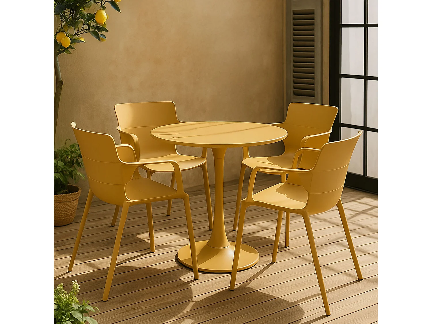 Now's Home - Salon De Jardin Table Et 4 Fauteuils En Polypopylene Et Metal Ocre Montauk