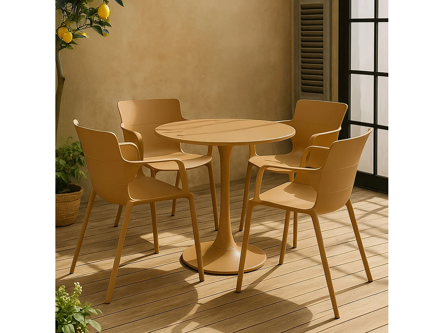 Now's Home - Salon De Jardin Table Et 4 Fauteuils En Polypopylène Et Métal Ocre Montauk