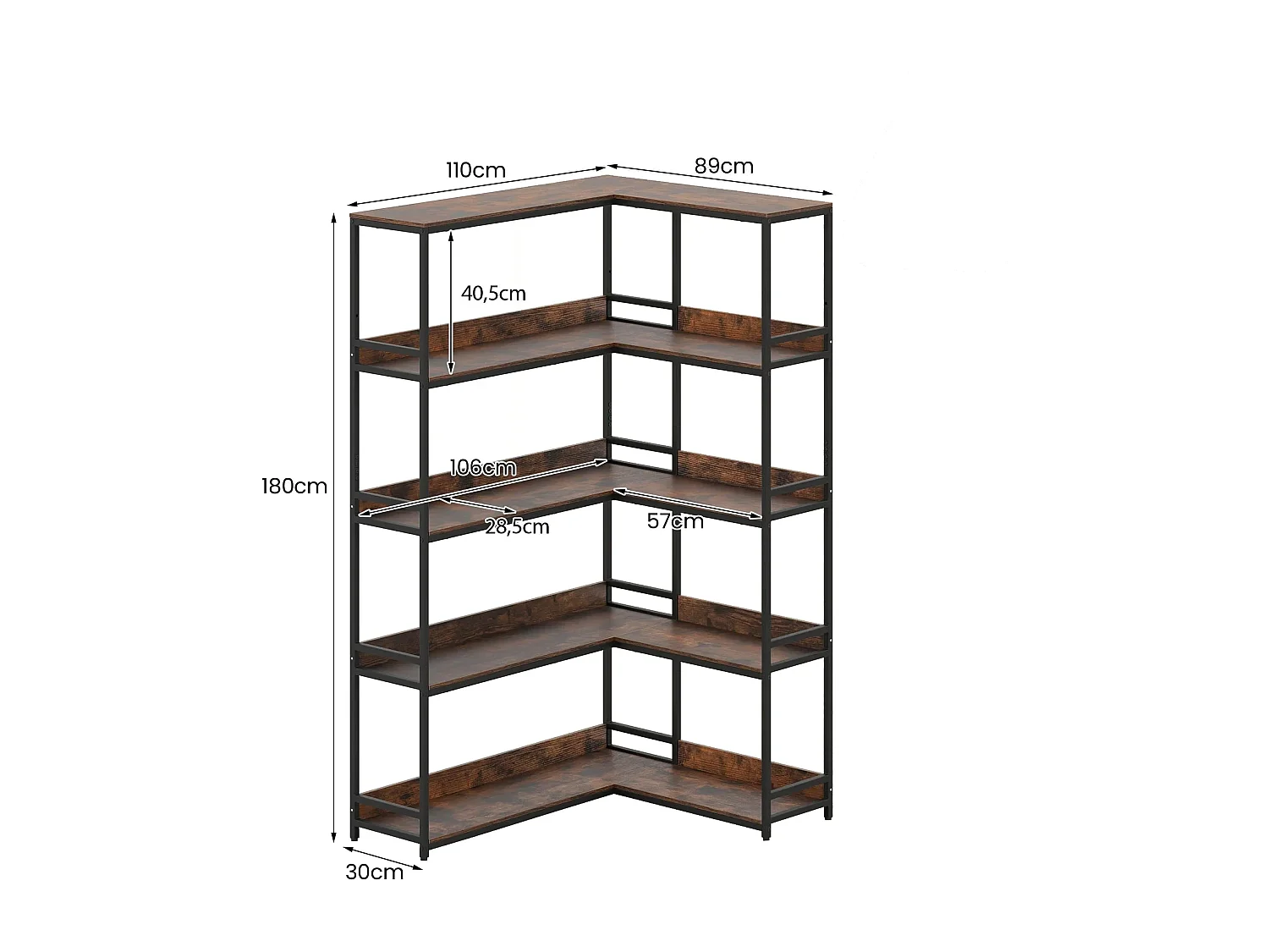 Bibliothèque en forme de L à 5 niveaux Bibliothèque d'angle industrielle ouverte Étagère de stockage Rustique Marron