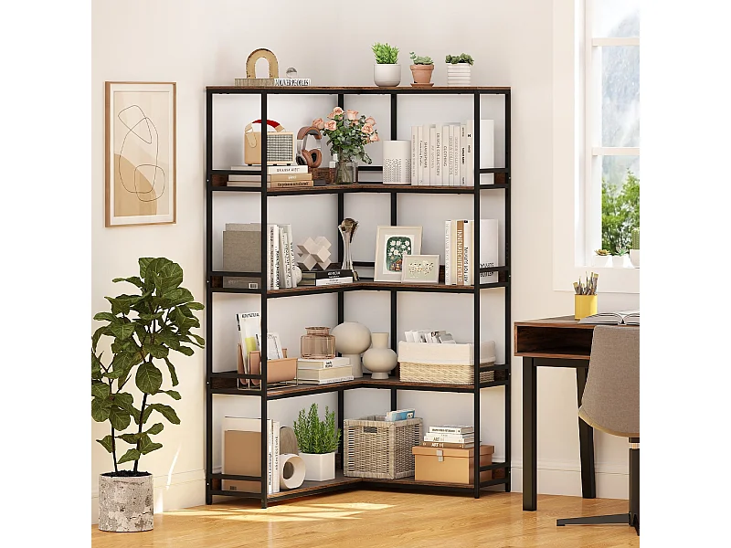 Libreria a L a 5 livelli Libreria d'angolo Scaffale industriale a giorno Scaffale rustico marrone