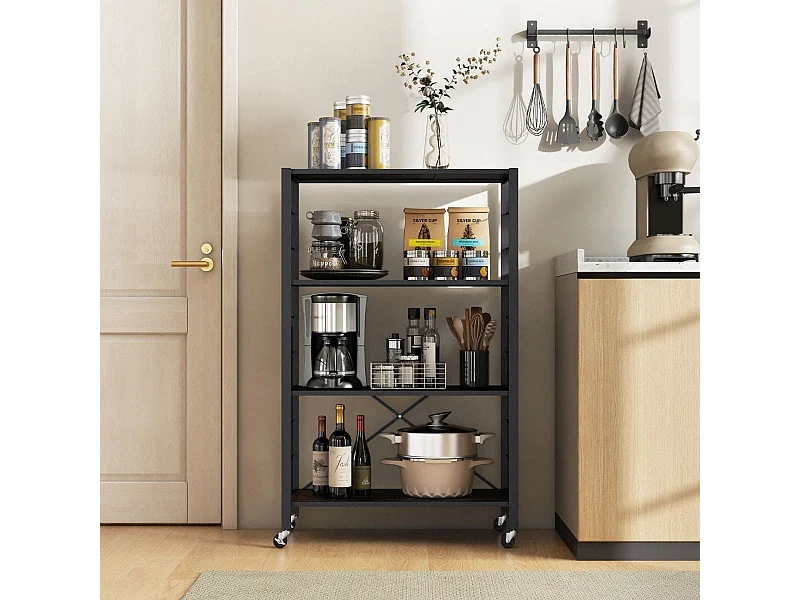 Étagère de Rangement Pliable à 4 Niveaux Étagère Réglable avec Roues Verrouillables Unité de Rangement Domestique Organisateur de Rangement Noir
