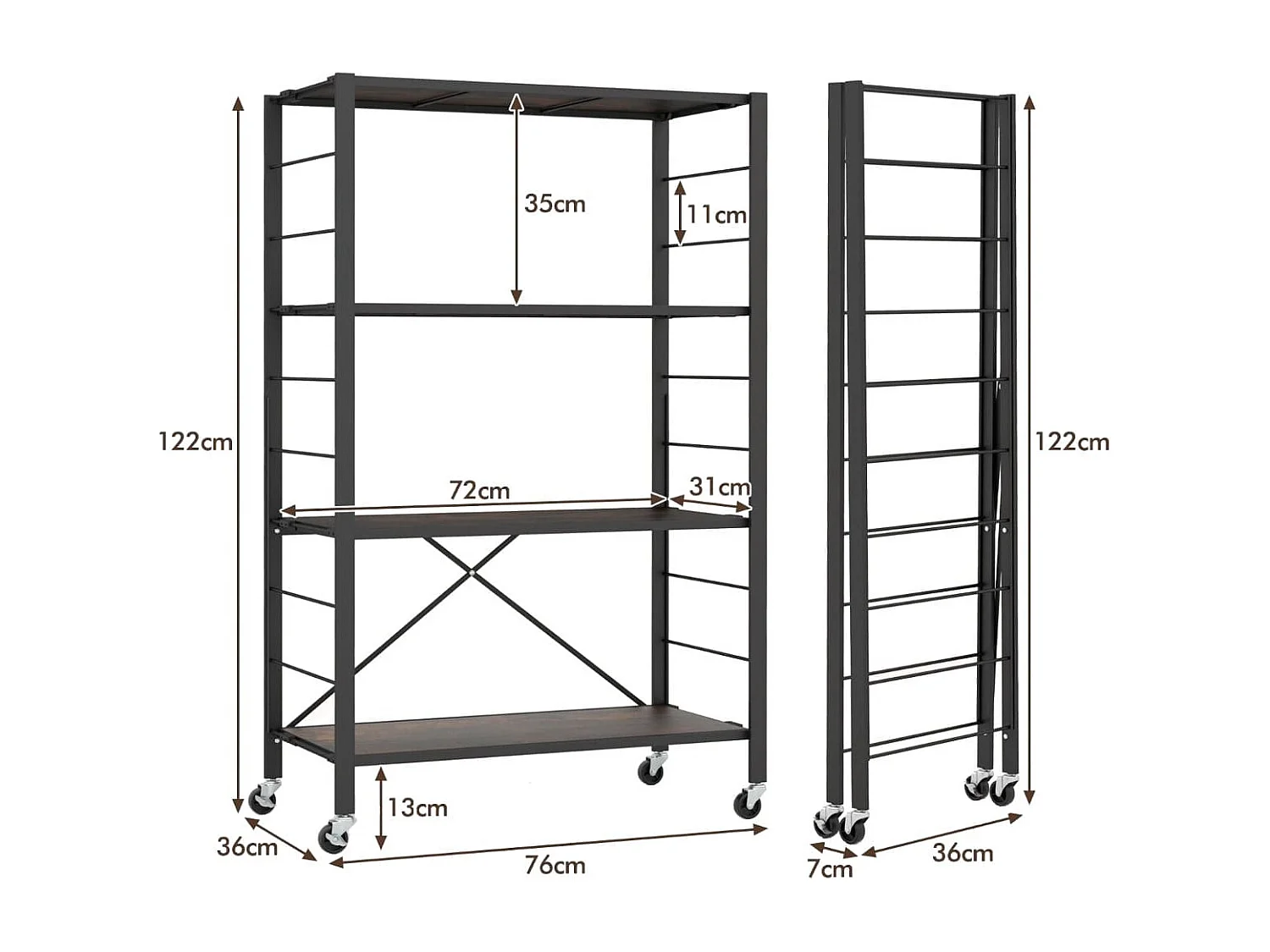 Étagère de Rangement Pliable à 4 Niveaux Étagère Réglable avec Roues Verrouillables Unité de Rangement Domestique Organisateur de Rangement Noir