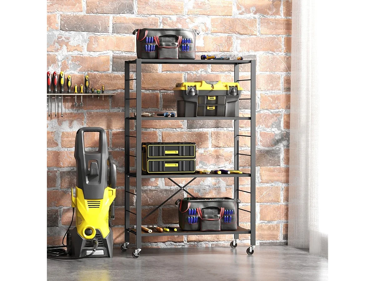 Étagère de Rangement Pliable à 4 Niveaux Étagère Réglable avec Roues Verrouillables Unité de Rangement Domestique Organisateur de Rangement Noir