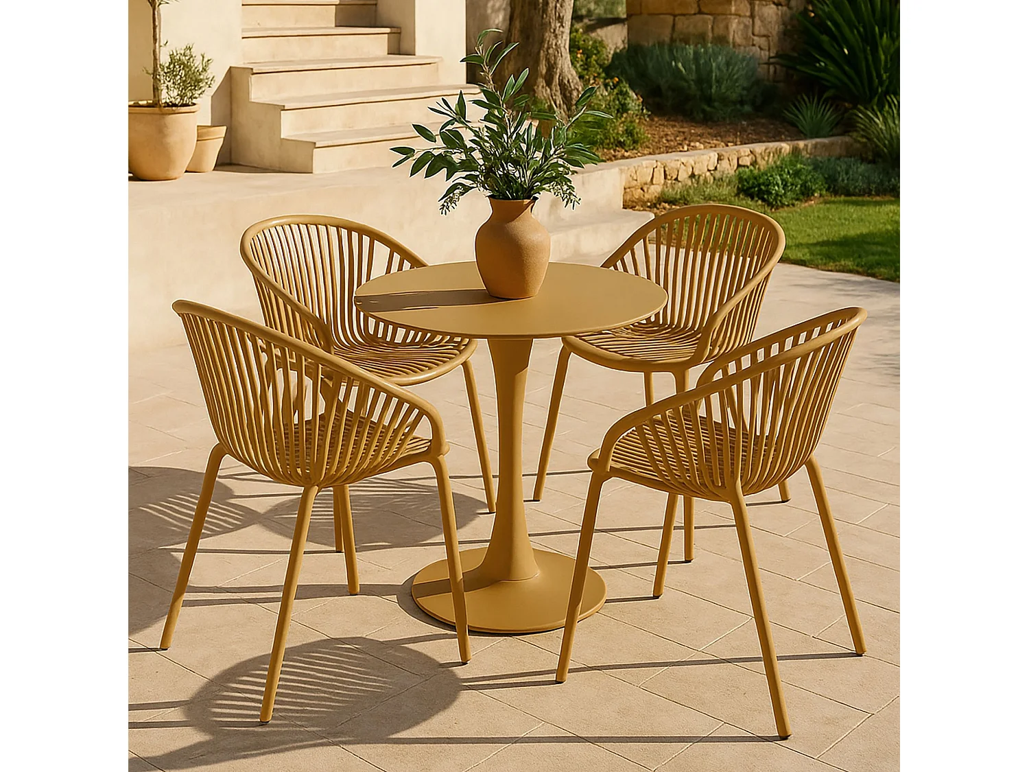 Now's Home - Salon De Jardin Table Et 4 Fauteuils En Polypopylène Et Métal Ocre Calypso