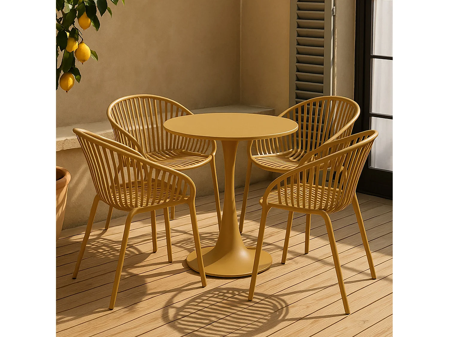 Now's Home - Salon De Jardin Table Et 4 Fauteuils En Polypopylène Et Métal Ocre Calypso
