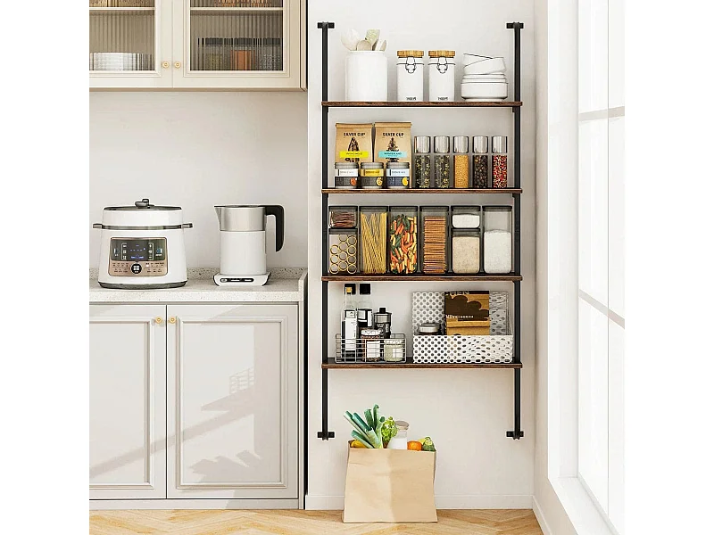 Étagère murale à 4 niveaux Étagère à échelle flottante Motage mural Étagère flottante en bois avec cadre métallique 70 x 20,5 x 150 cm