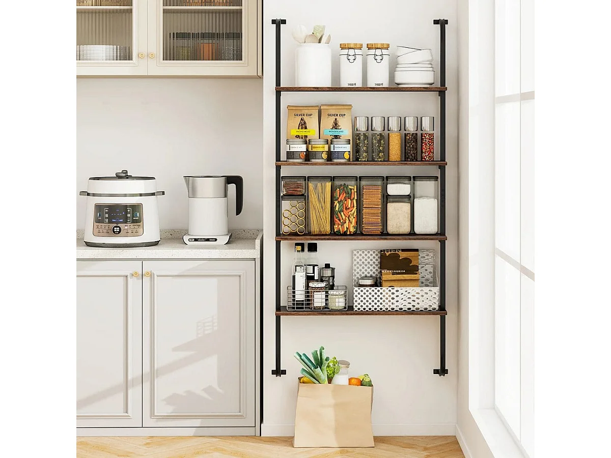 Étagère murale à 4 niveaux Étagère à échelle flottante Motage mural Étagère flottante en bois avec cadre métallique 70 x 20,5 x 150 cm