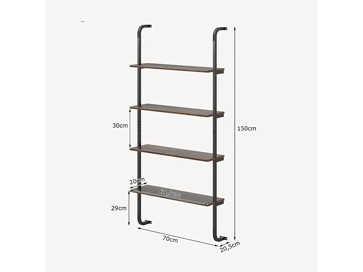 Étagère murale à 4 niveaux Étagère à échelle flottante Motage mural Étagère flottante en bois avec cadre métallique 70 x 20,5 x 150 cm