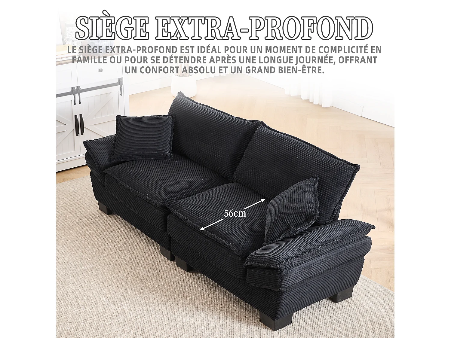 Canapé 2 places en velours noir – Double rembourrage en mousse mémoire et haute densité – 2 coussins inclus – Design minimaliste et confortable pour salon