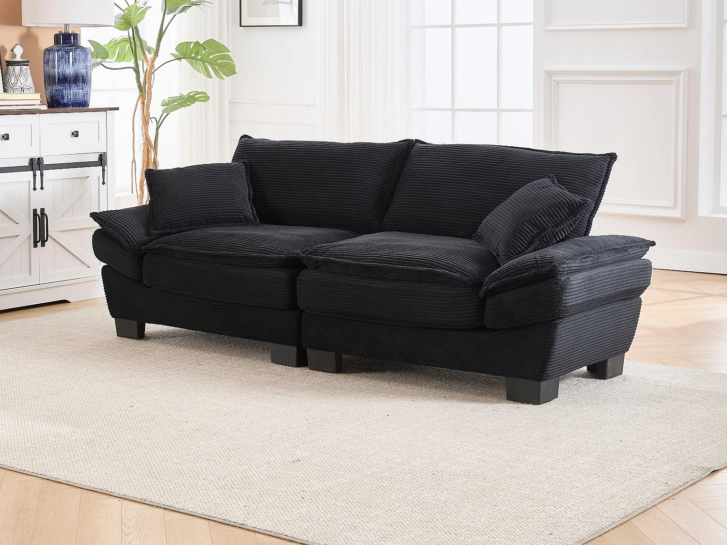 Canapé 2 places en velours noir – Double rembourrage en mousse mémoire et haute densité – 2 coussins inclus – Design minimaliste et confortable pour salon