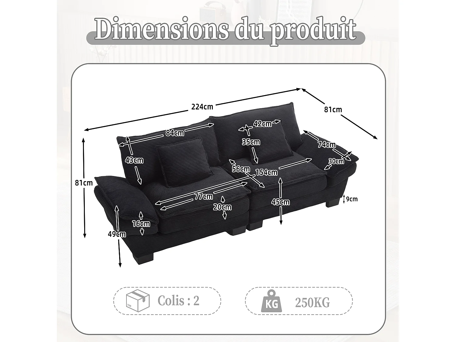 Canapé 2 places en velours noir – Double rembourrage en mousse mémoire et haute densité – 2 coussins inclus – Design minimaliste et confortable pour salon
