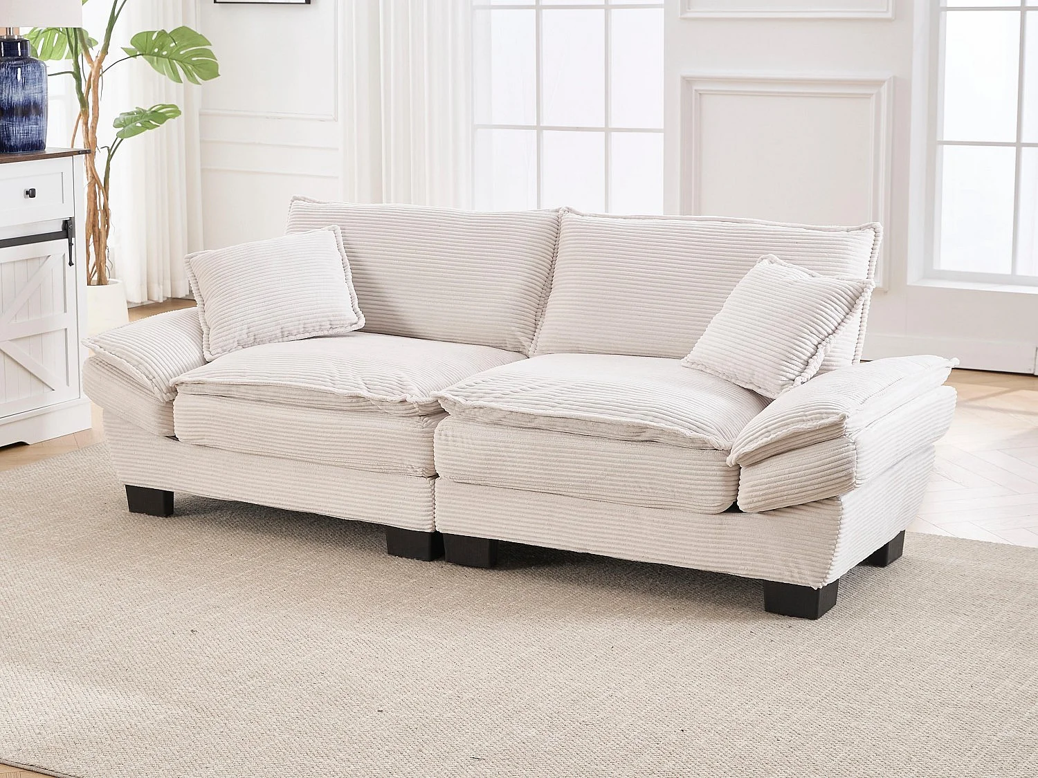 Canapé 2 places en velours beige – Double rembourrage en mousse mémoire et haute densité – 2 coussins inclus – Design minimaliste et confortable pour salon