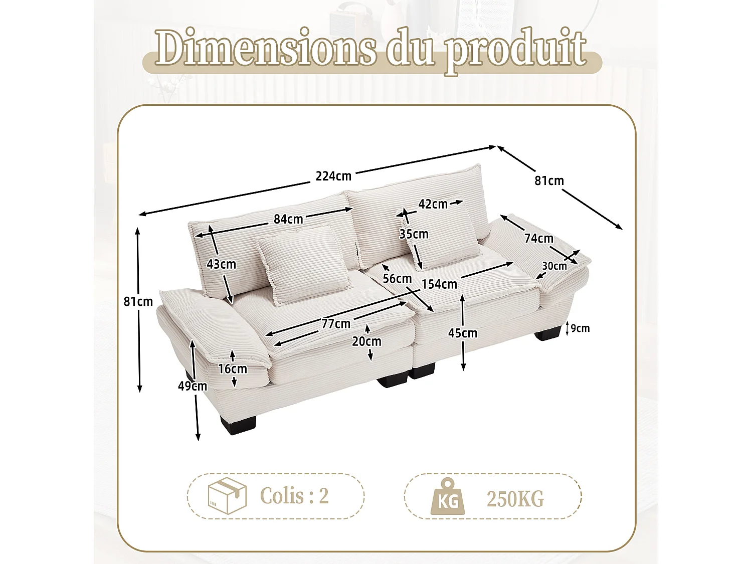 Canapé 2 places en velours beige – Double rembourrage en mousse mémoire et haute densité – 2 coussins inclus – Design minimaliste et confortable pour salon