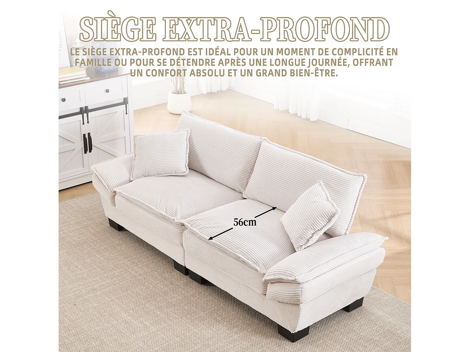 Canapé 2 places en velours beige – Double rembourrage en mousse mémoire et haute densité – 2 coussins inclus – Design minimaliste et confortable pour salon