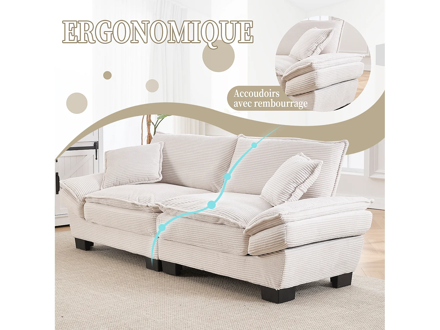 Canapé 2 places en velours beige – Double rembourrage en mousse mémoire et haute densité – 2 coussins inclus – Design minimaliste et confortable pour salon