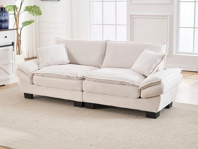 Canapé 2 places en velours beige – Double rembourrage en mousse mémoire et haute densité – 2 coussins inclus – Design minimaliste et confortable pour salon