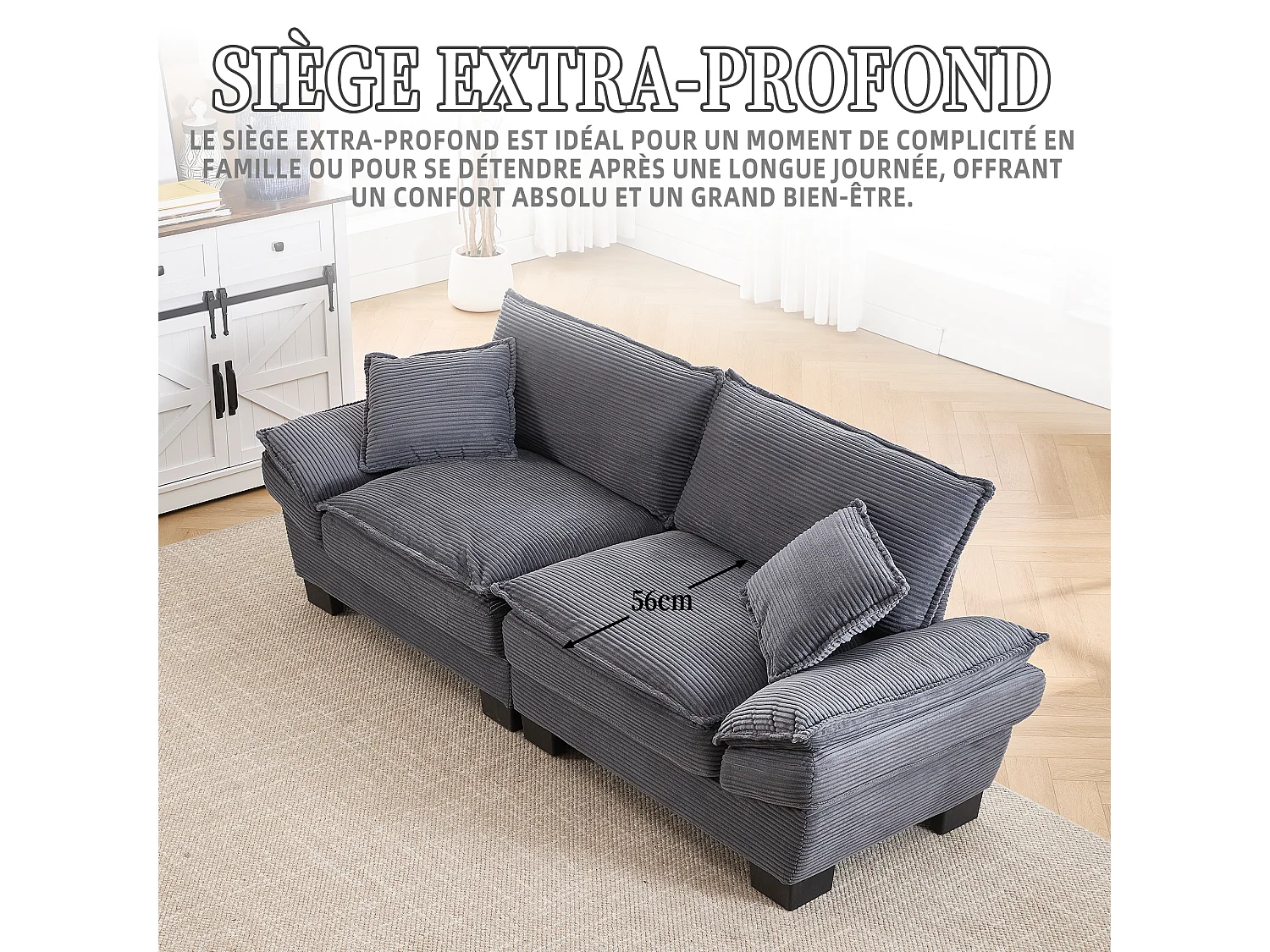 Canapé 2 places en velours beige – Double rembourrage en mousse mémoire et haute densité – 2 coussins inclus – Design minimaliste et confortable pour salon