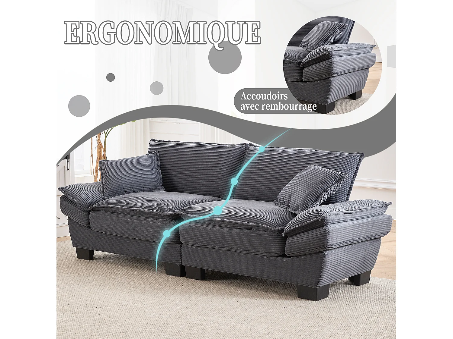 Canapé 2 places en velours beige – Double rembourrage en mousse mémoire et haute densité – 2 coussins inclus – Design minimaliste et confortable pour salon