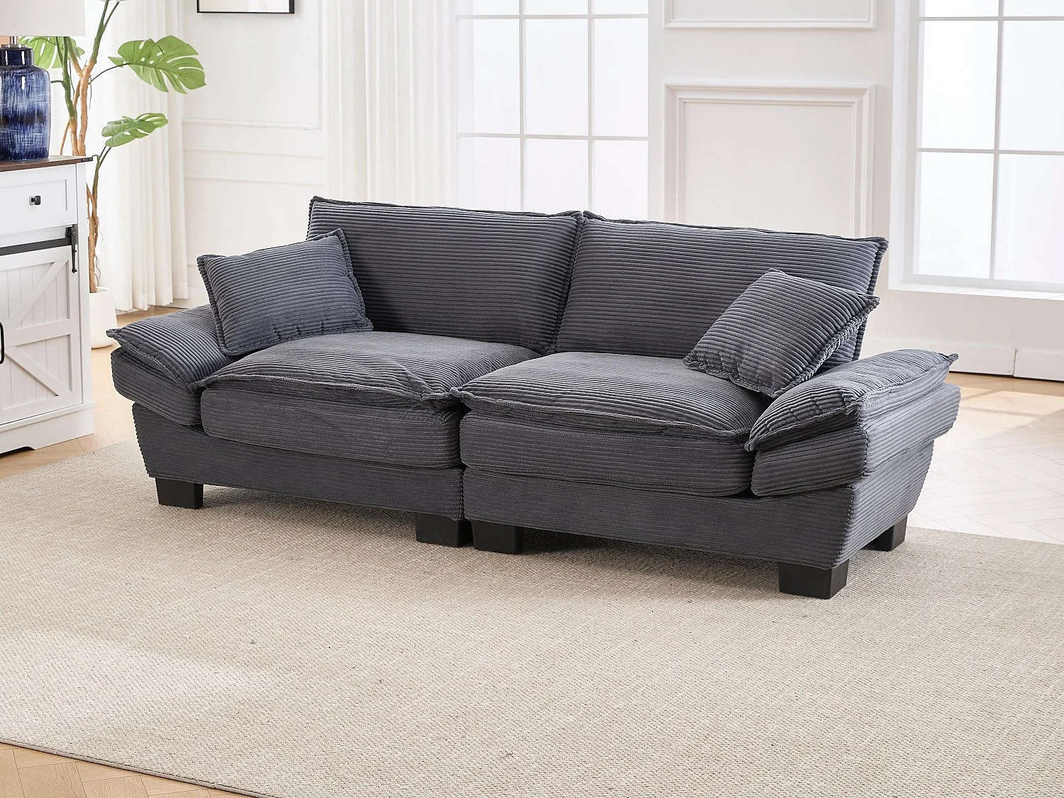 Canapé 2 places en velours beige – Double rembourrage en mousse mémoire et haute densité – 2 coussins inclus – Design minimaliste et confortable pour salon