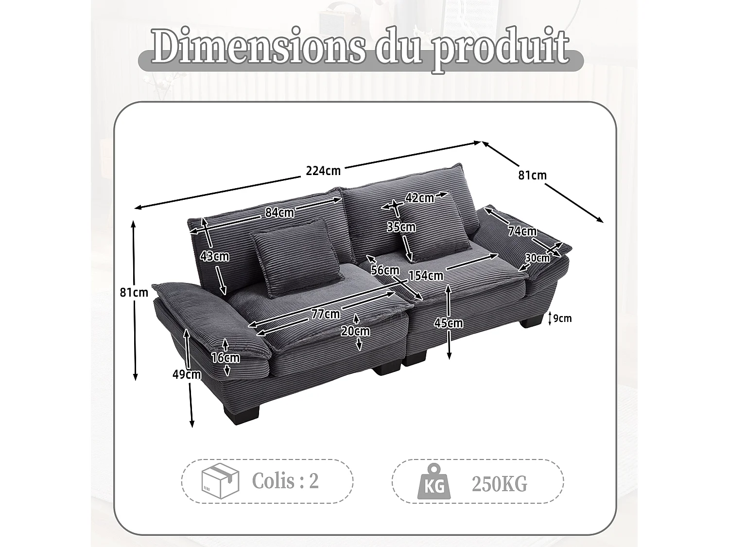 Canapé 2 places en velours beige – Double rembourrage en mousse mémoire et haute densité – 2 coussins inclus – Design minimaliste et confortable pour salon