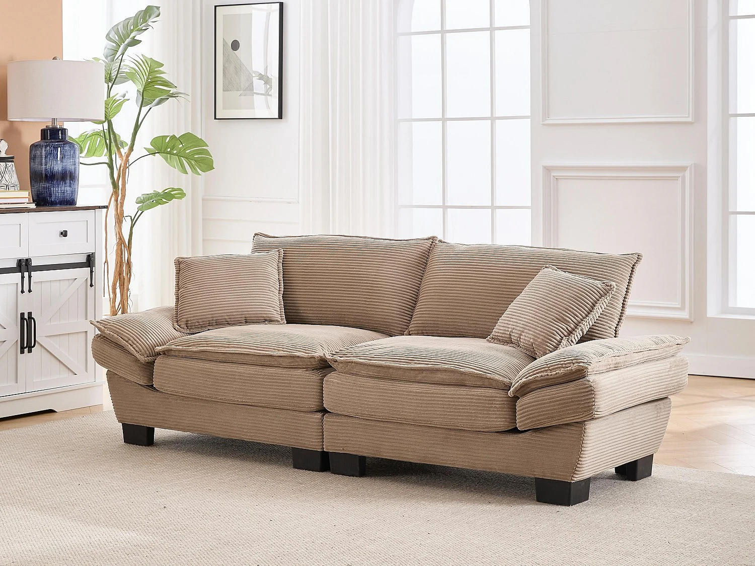 Canapé 2 places en velours kaki – Double rembourrage en mousse mémoire et haute densité – 2 coussins inclus – Design minimaliste et confortable pour salon