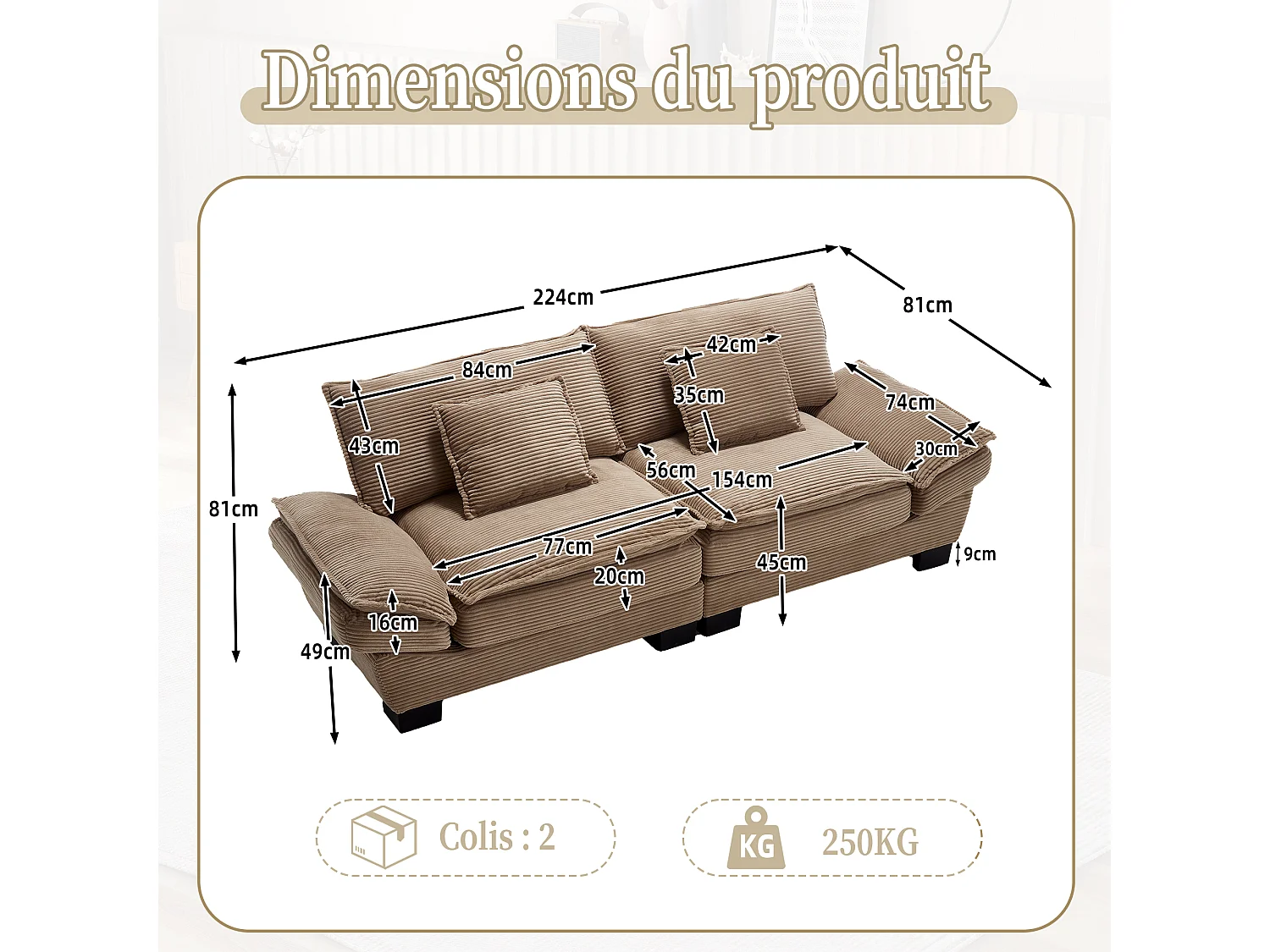 Canapé 2 places en velours kaki – Double rembourrage en mousse mémoire et haute densité – 2 coussins inclus – Design minimaliste et confortable pour salon