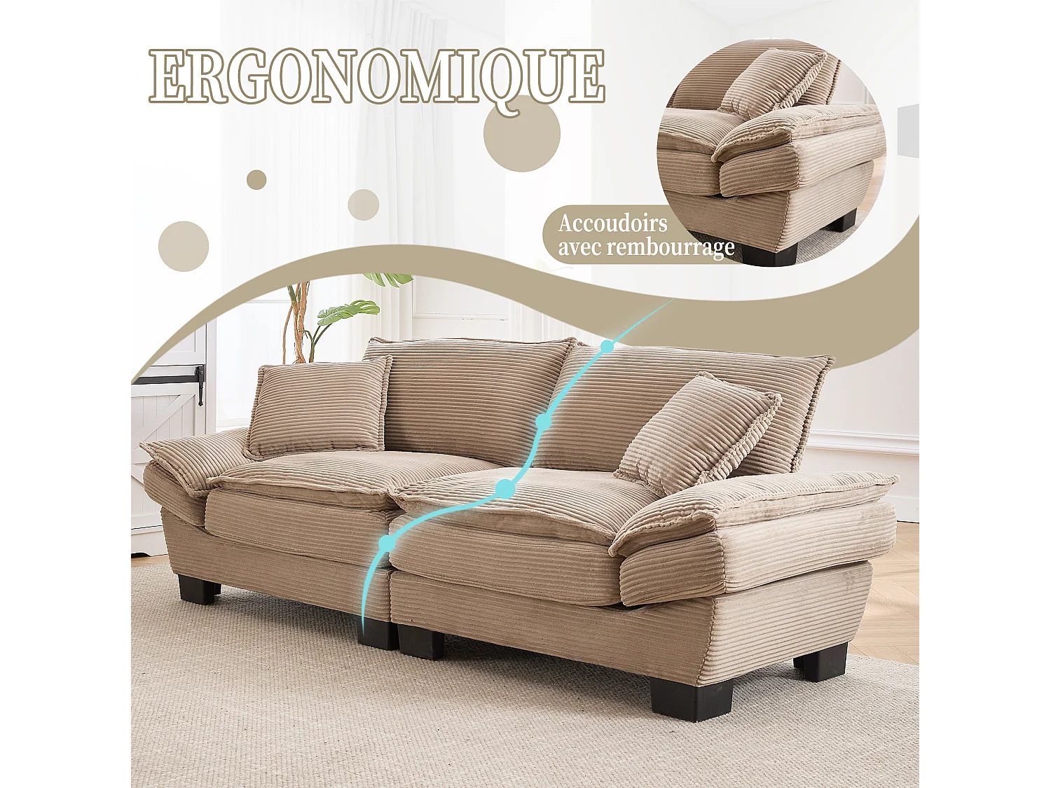 Canapé 2 places en velours kaki – Double rembourrage en mousse mémoire et haute densité – 2 coussins inclus – Design minimaliste et confortable pour salon