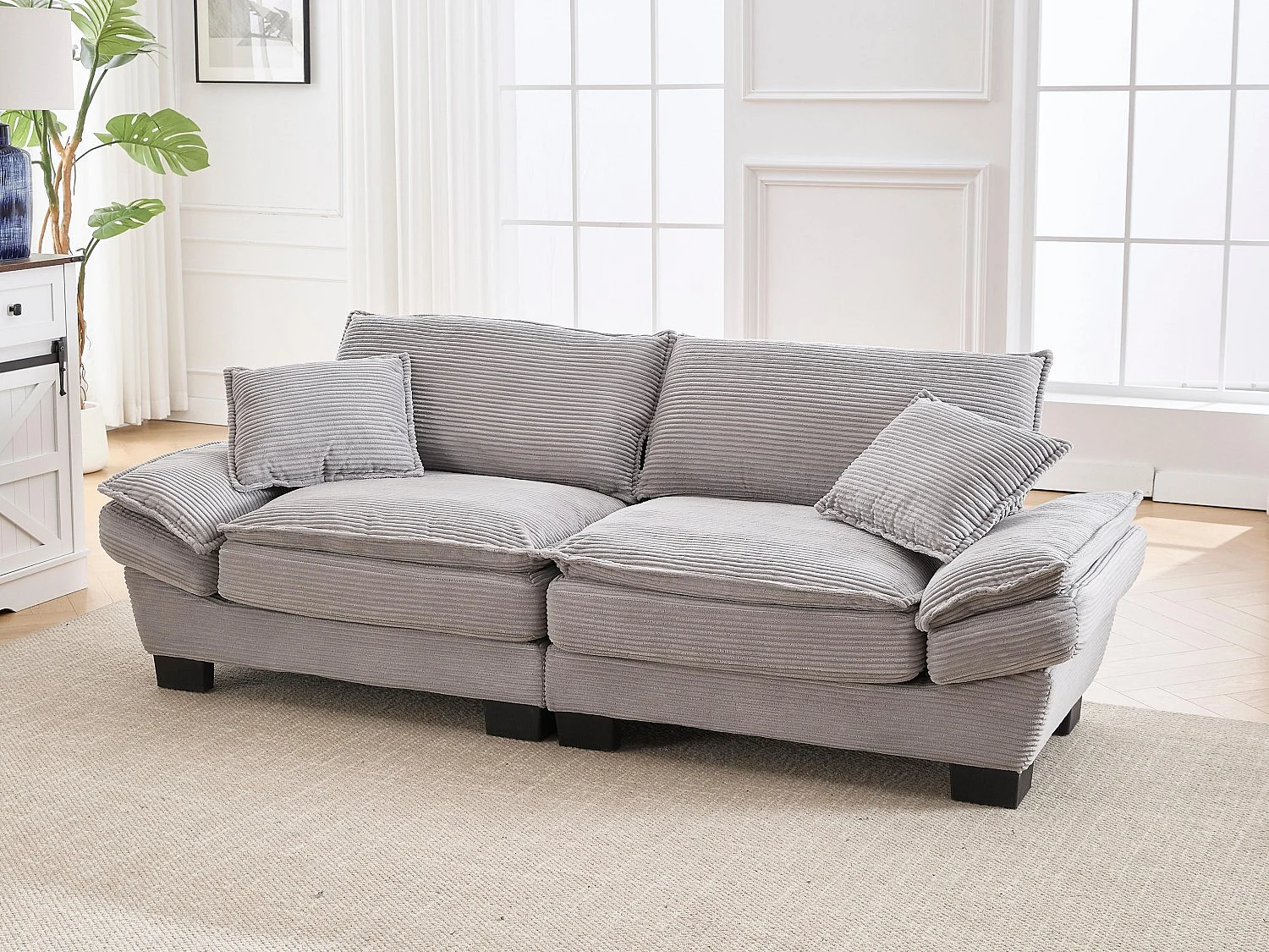 Canapé 2 places en velours beige – Double rembourrage en mousse mémoire et haute densité – 2 coussins inclus – Design minimaliste et confortable pour salon