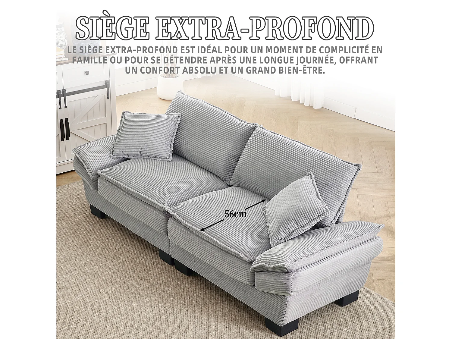 Canapé 2 places en velours beige – Double rembourrage en mousse mémoire et haute densité – 2 coussins inclus – Design minimaliste et confortable pour salon