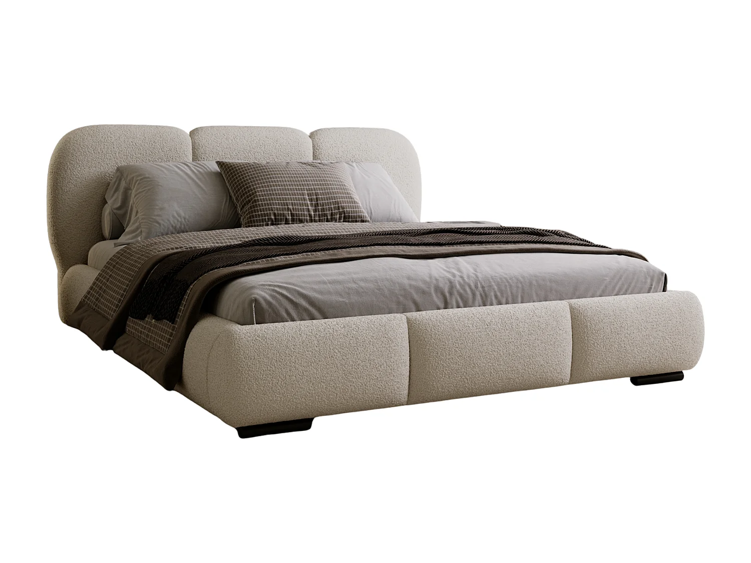 BESILIO Lit avec coffre de rangement et sommier 140x200 Holi – lit double tapissé en tissu bouclé/agneau – Beige