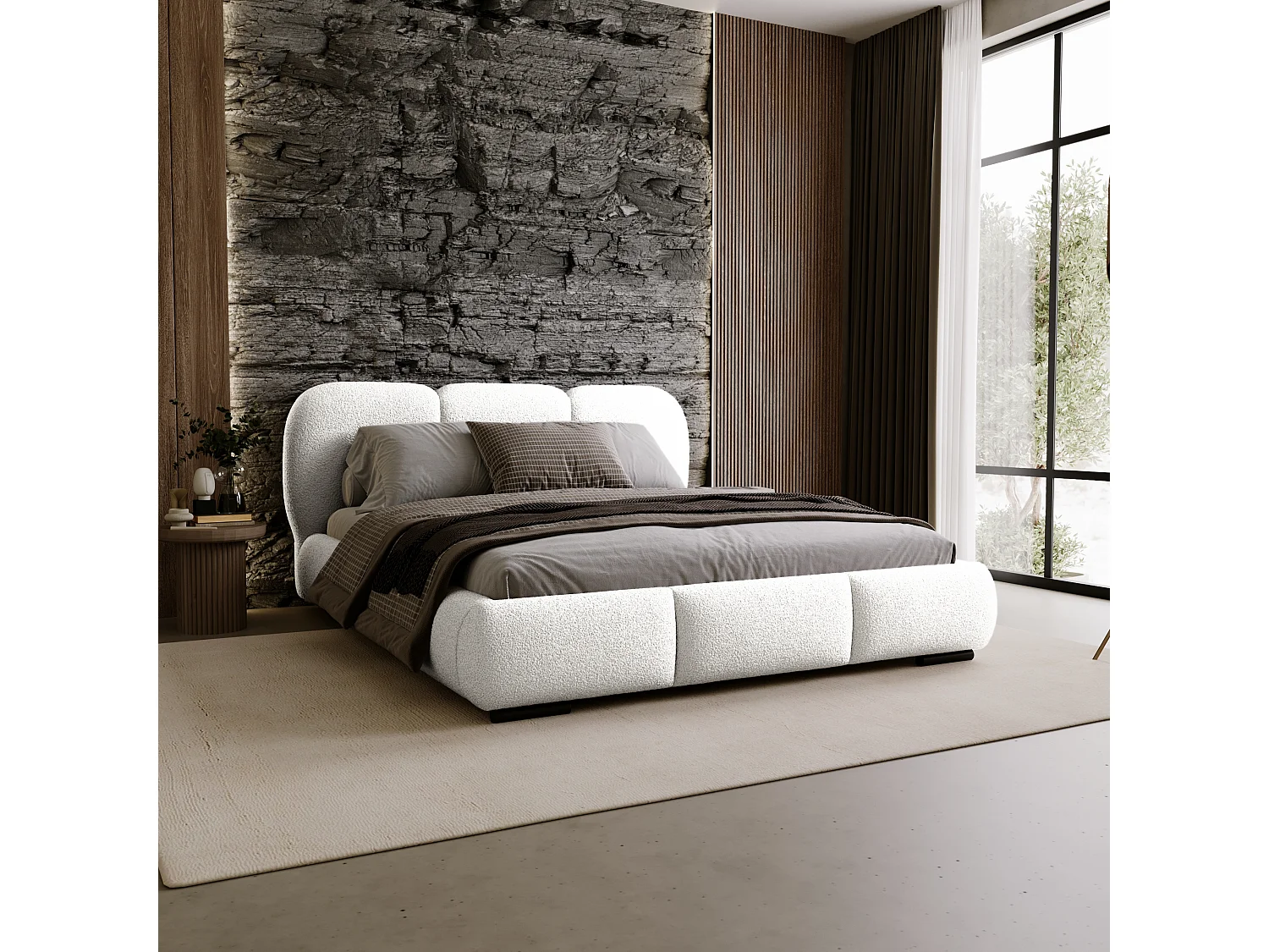 BESILIO Lit avec coffre de rangement et sommier 200x200 Holi – lit double tapissé en tissu bouclé/agneau – Blanc