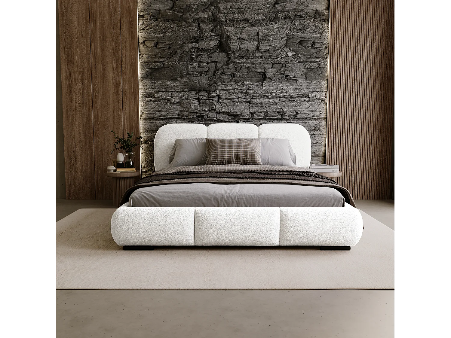 BESILIO Łóżko z pojemnikiem i stelażem 200x200 Holi- łóżko podwójne tapicerowane, tkanina boucle, baranek - Biały