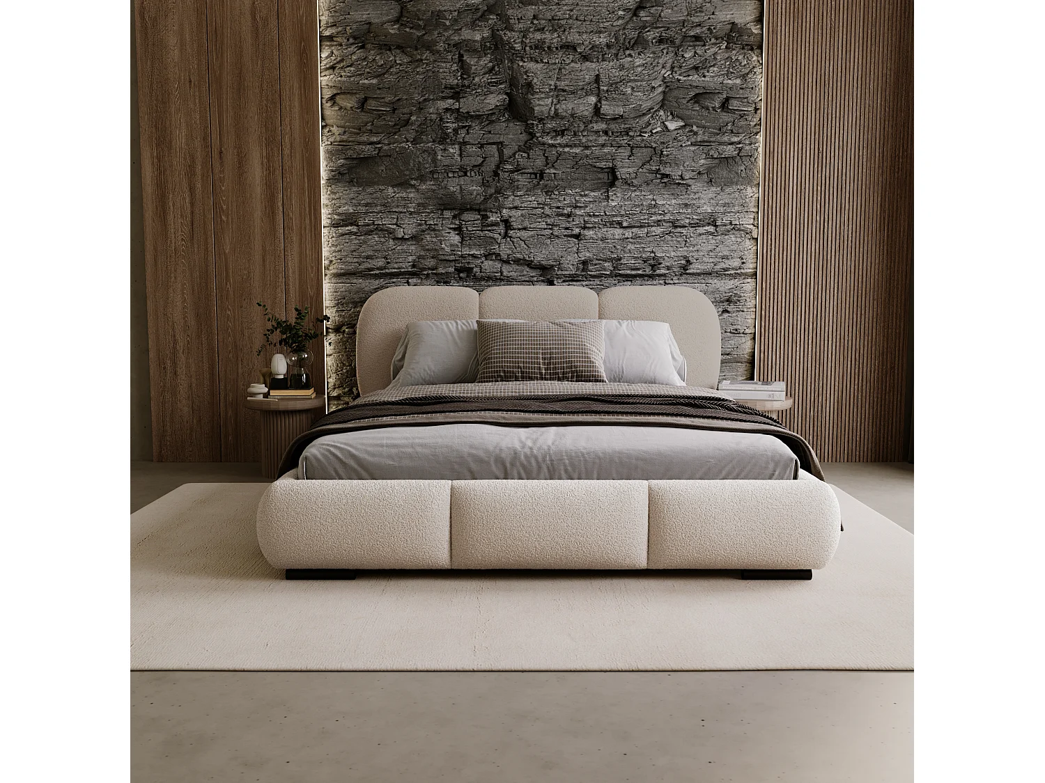 BESILIO Łóżko z pojemnikiem i stelażem 160x200 Holi- łóżko podwójne tapicerowane, tkanina boucle, baranek - Beżowy