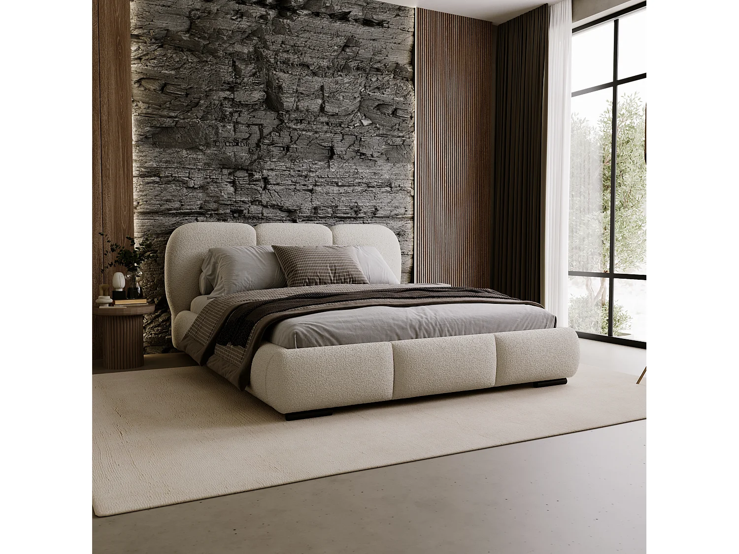 BESILIO Lit avec coffre de rangement et sommier 160x200 Holi – lit double tapissé en tissu bouclé/agneau – Beige