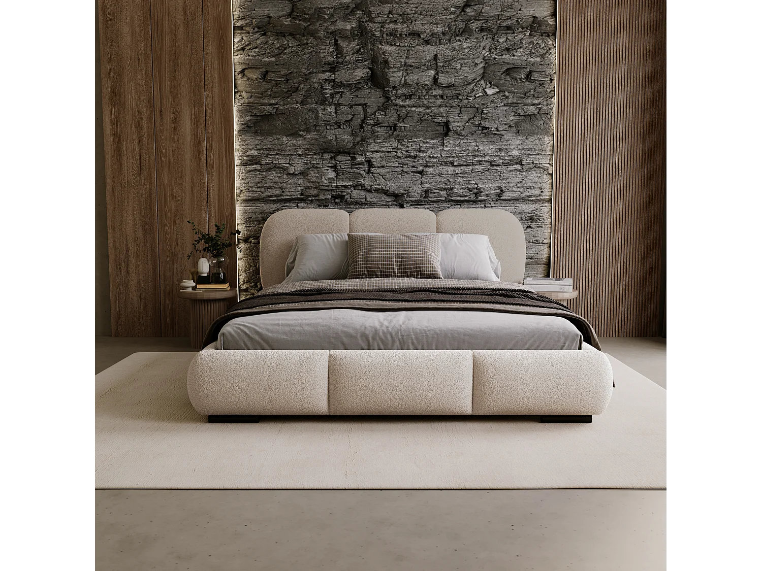 BESILIO Łóżko z pojemnikiem i stelażem 160x200 Holi- łóżko podwójne tapicerowane, tkanina boucle, baranek - Beżowy