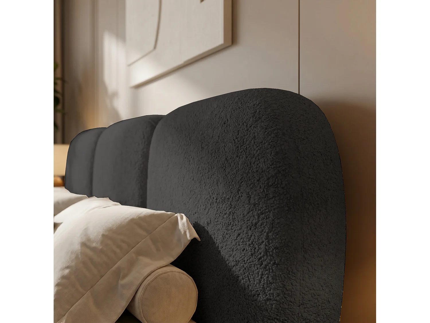 BESILIO Bed met opbergruimte en lattenbodem 200x200 Holi – tweepersoons gestoffeerd bed van bouclé-/teddystof – Grijs