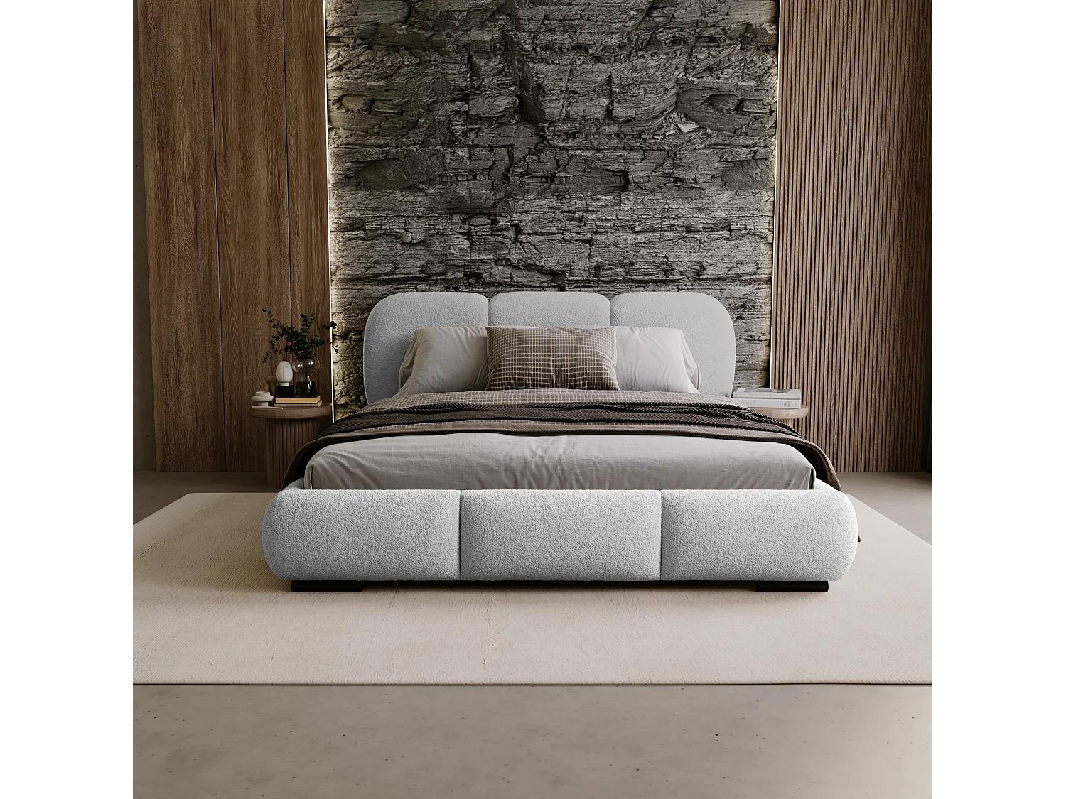 BESILIO Lit avec coffre de rangement et sommier 160x200 Holi – lit double tapissé en tissu bouclé/agneau – Gris clair