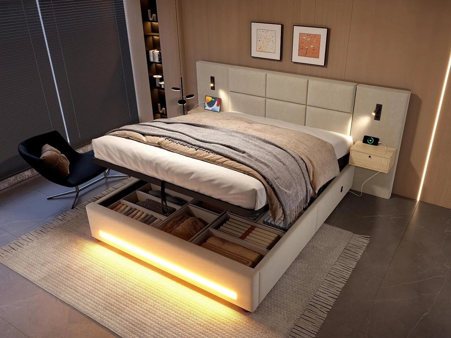 Lit Coffre Captionné Velours 180x200cm - Tête de Lit XL - Tables de Nuit Suspendues - LED Pied de Lit - Veilleuses - USB/Type-C - Idéal Chambre Parentale